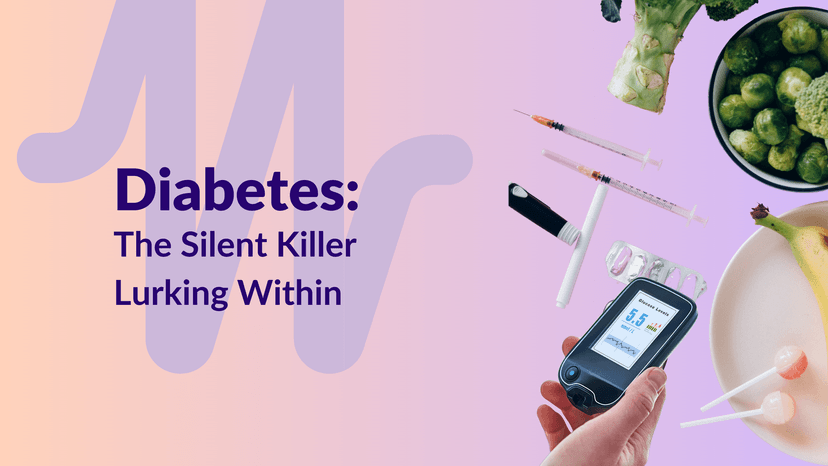 Diabetes awareness image with food, injection and medicines.