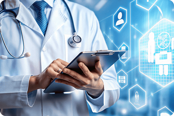 A Doctor wearing a stethoscope, holding a notepad.